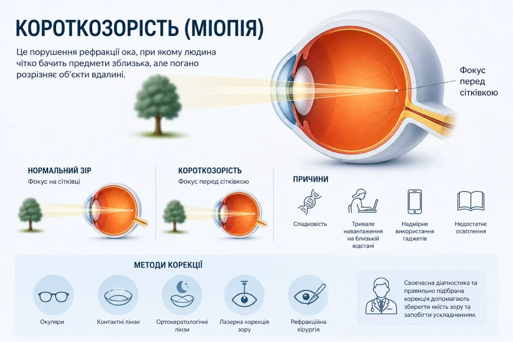 Короткозорість (міопія): симптоми, причини та сучасні методи корекції зору Короткозорість (міопія): симптоми, причини та сучасні методи корекції зору